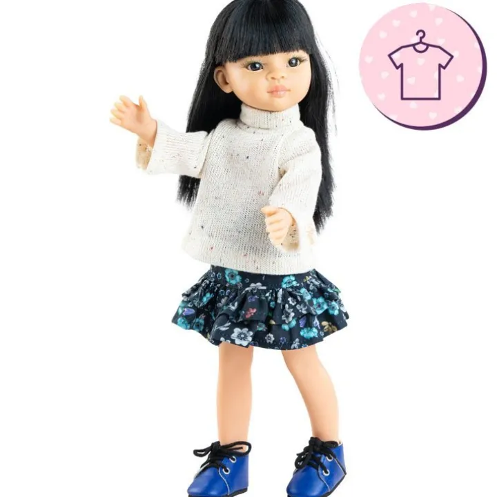 Ensemble pour poupée Paola Reina 32 cm - Las Amigas - Liu - Pull blanc et jupe fleurie bleue