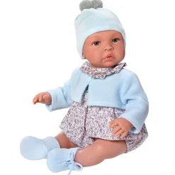 Poupée Así 46 cm - Barboteuse Léo aux fleurs grises avec veste bleu clair
