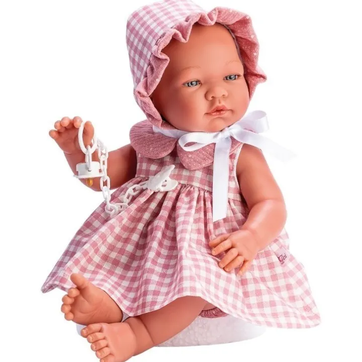 Poupée Así 43 cm - María dans une robe à carreaux rose avec un polo et un col en mousseline rose