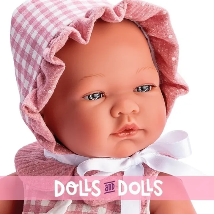 Poupée Así 43 cm - María dans une robe à carreaux rose avec un polo et un col en mousseline rose