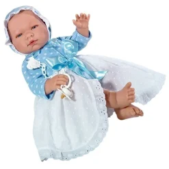 Poupée Así 43 cm - Pablo avec longue robe plumeti blanche ouverte et tricot bleu