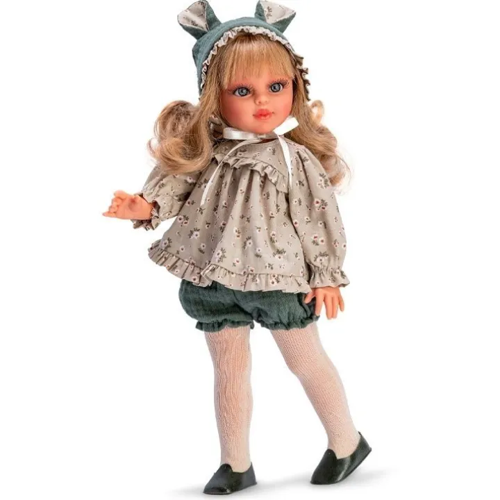 Poupée Así 40 cm - Sabrina dans un ensemble à capuche avec des petites oreilles et une robe à fleurs verte