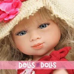 Poupée D'Nenes 34 cm - Marieta avec robe rouge à fleurs et chapeau de paille