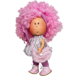 Poupée Nines d'Onil 23 cm - Little Mia avec des cheveux roses bouclés et une robe à fleurs