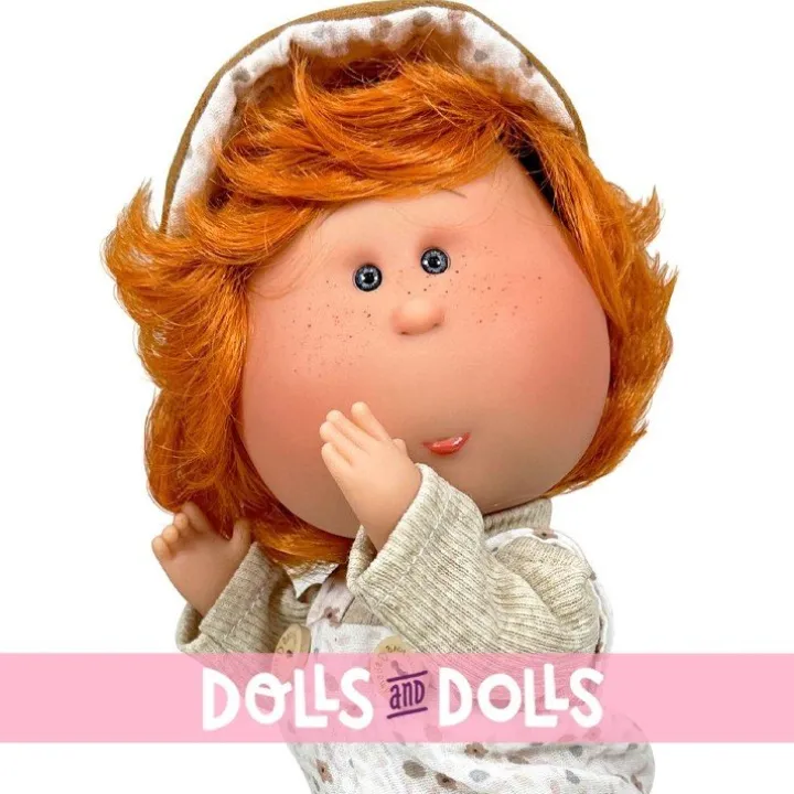 Poupée Nines d'Onil 30 cm - Mio ARTICULÉE - avec cheveux orange avec chasuble et bonnet imprimés
