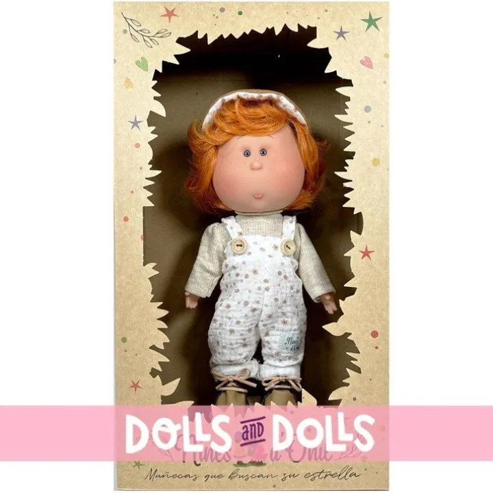 Poupée Nines d'Onil 30 cm - Mio ARTICULÉE - avec cheveux orange avec chasuble et bonnet imprimés