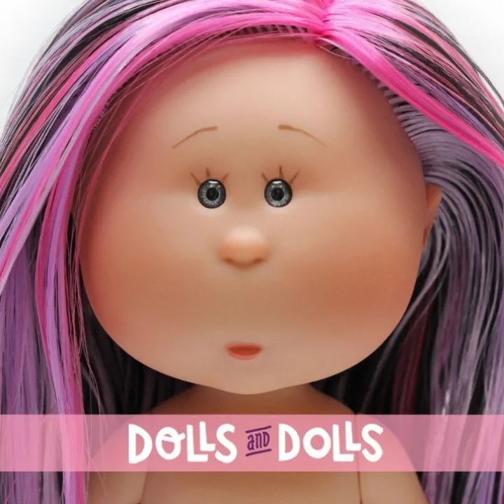 Poupée Nines d'Onil 23 cm - Petite Mia aux cheveux lisses noirs, violets et roses - Sans vêtements