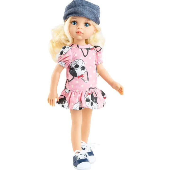 Poupée Paola Reina 32 cm - Las Amigas - Claudia en robe rose pour chiot avec une casquette en denim