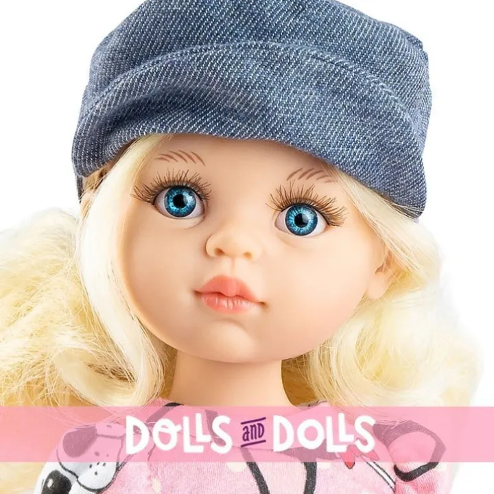 Poupée Paola Reina 32 cm - Las Amigas - Claudia en robe rose pour chiot avec une casquette en denim