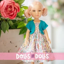 Poupée Reina del Norte 32 cm - Rosalía avec robe à imprimé floral et gilet bleu