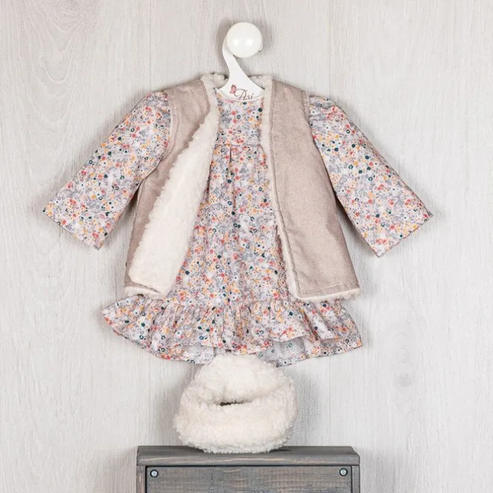Tenue de poupée Así 57 cm - Robe fleurie liberty corail avec gilet teddy pour poupée Pepa