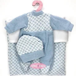 Tenue pour poupée Antonio Juan 26-27 cm - Barboteuse en tricot bleu clair et blanc avec bonnet et veste