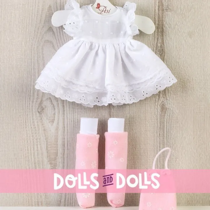 Tenue pour poupée Así 40 cm - Robe blanche, jambières, bottes en tissu et sac rose pour poupée Sabrina