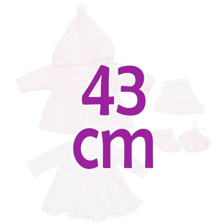 Tenue pour poupée Así 43 cm - Robe en maille rose, duffle coat, bonnet et chaussons pour poupée María