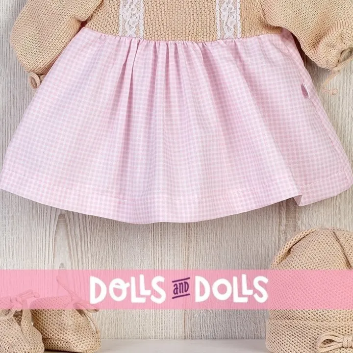 Tenue pour poupée Así 46 cm - Robe tricotée à carreaux roses avec bonnet et chaussons pour Leo