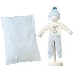 Vêtements pour poupées Llorens 35 cm - Pull imprimé lapin, pantalon, bonnet et oreiller bleu