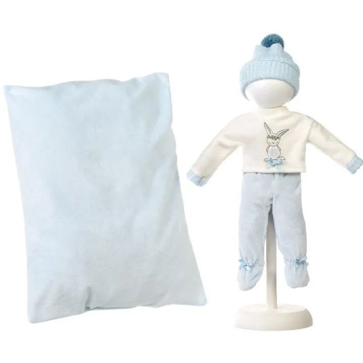 Vêtements pour poupées Llorens 35 cm - Pull imprimé lapin, pantalon, bonnet et oreiller bleu