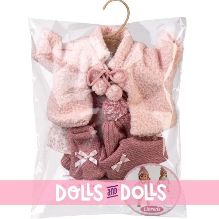 Vêtements pour poupées Llorens 35 cm - Robe à fleurs avec veste rose, chapeau et écharpe fuchsia