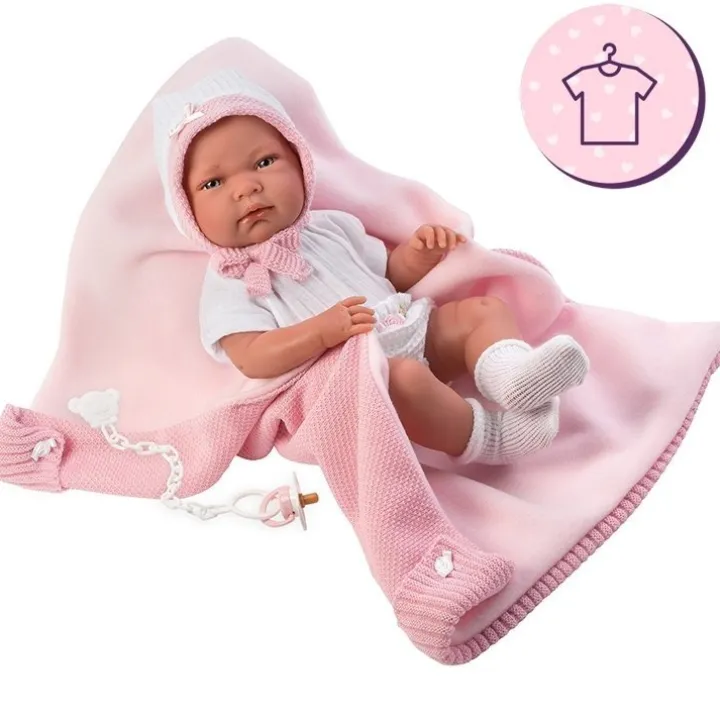 Vêtements pour poupées Llorens 40 cm - Tenue blanche avec chapeau, chaussettes et couverture rose