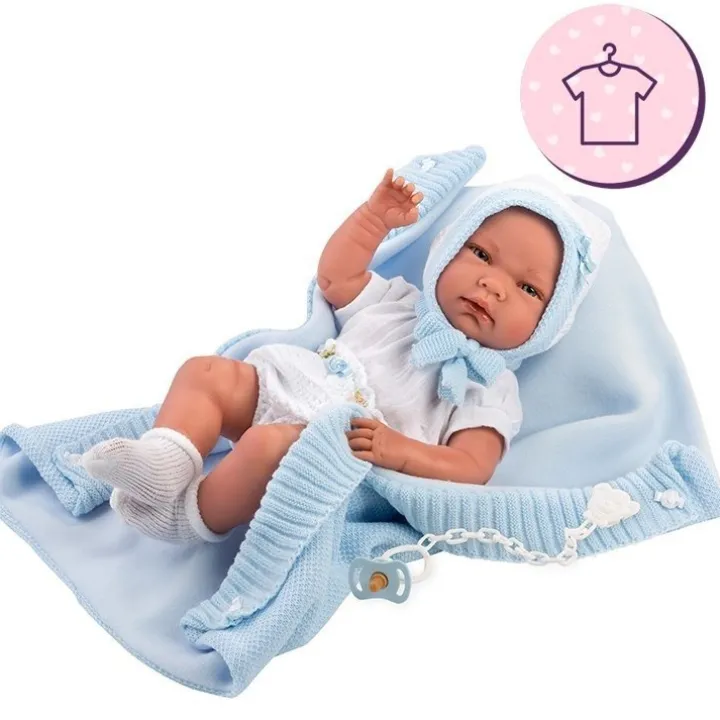Vêtements pour poupées Llorens 40 cm - Tenue blanche avec chapeau, chaussettes et couverture bleue