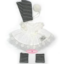 Vêtements pour poupées Nines d'Onil 30 cm - Mia - Robe blanche et écharpe et chaussettes rayées noires